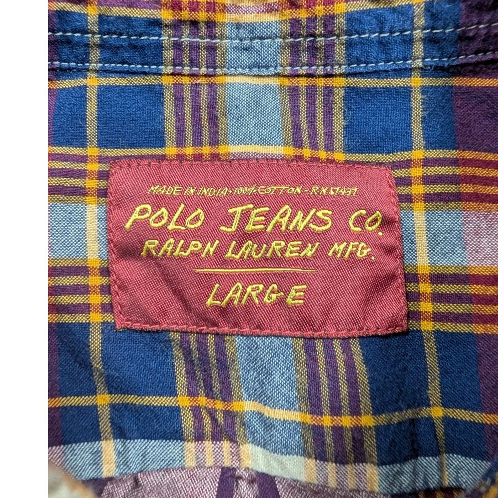 Polo Jeans Co Ralph Lauren Shirt Mens Large Red Blue Plaid Short Sleeve Cotton